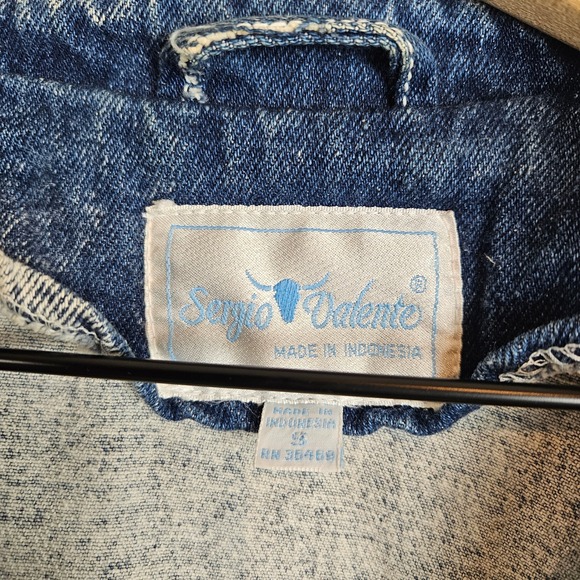 Sergio Valente acid-washed blue denim jacket white leather fringe trim, size S - Picture 5 of 7